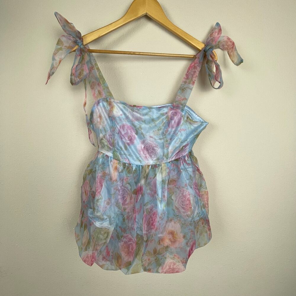 NWT Listicle Babydoll Top M Blue Pink Floral Sheer Peplum Fairy Ethereal Chic